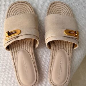 Donna Karan Beige Slide Mules with Gold Buckle